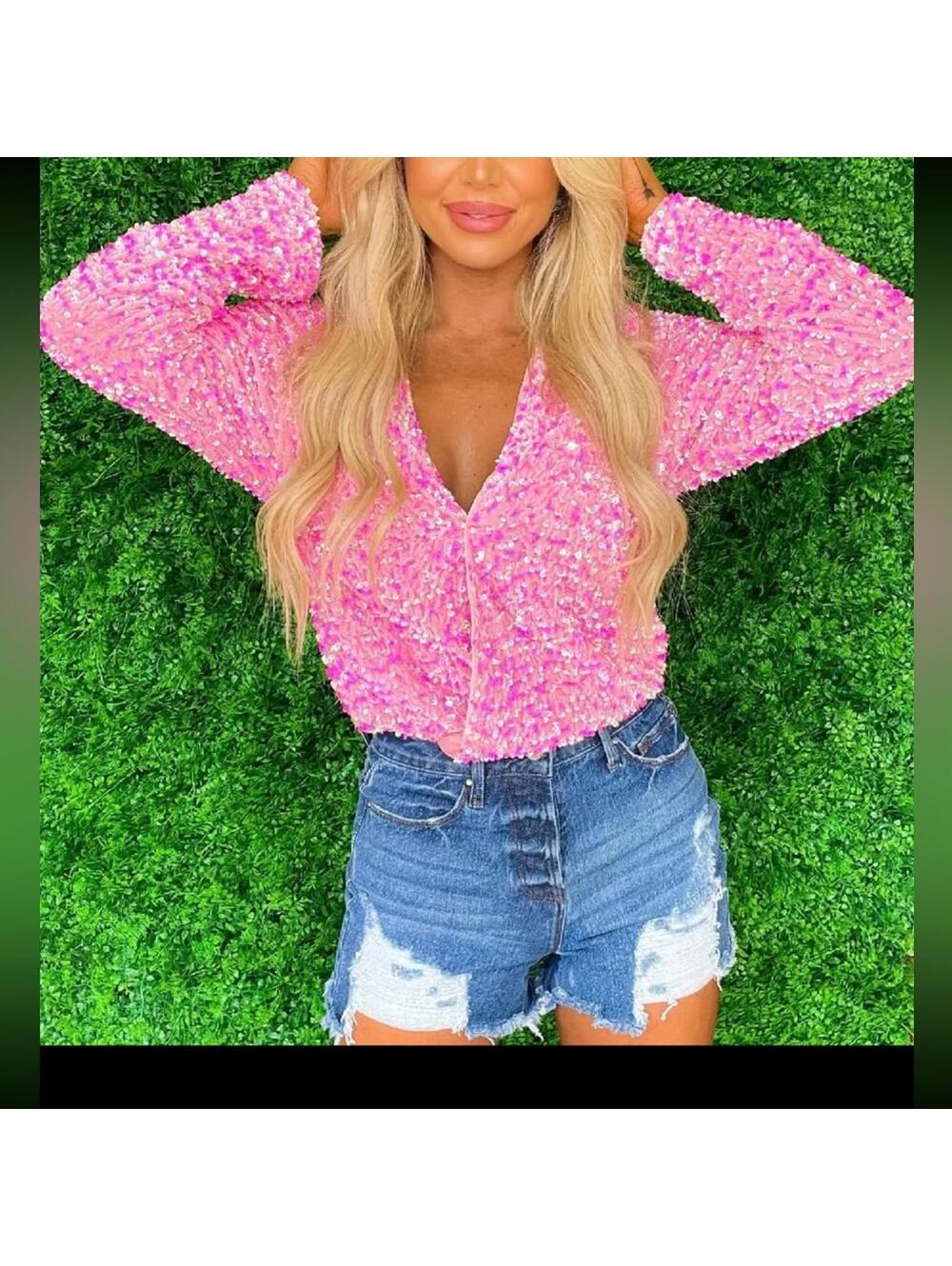 Southern Fried Chics Pink Sequin V Neck Body Suit Sz Lg EUC